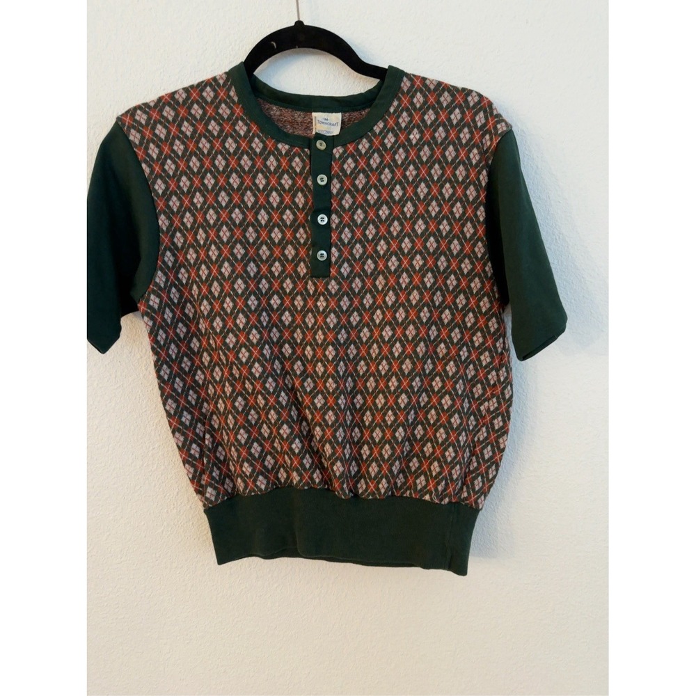 Vintage 70s Towncraft Penneys Boys Medium Argyle Knit Henley Shirt Green Red